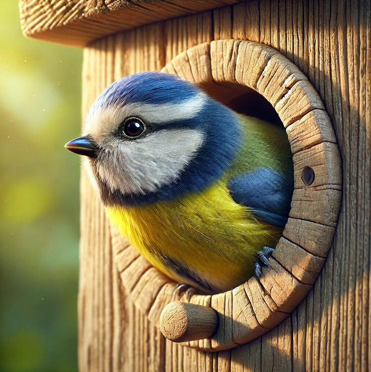 Blue tit peeking out of a wooden nest box. Celebrate Nest Box Week with Haith’s – shop our nest box sale and get free nesting material with selected boxes!