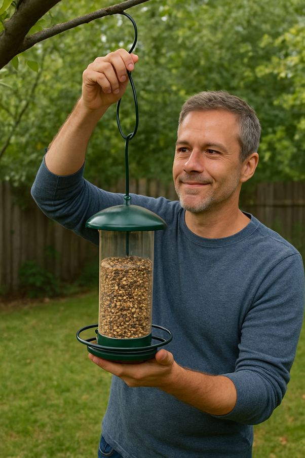AI image of a man hanging out a bird feeder