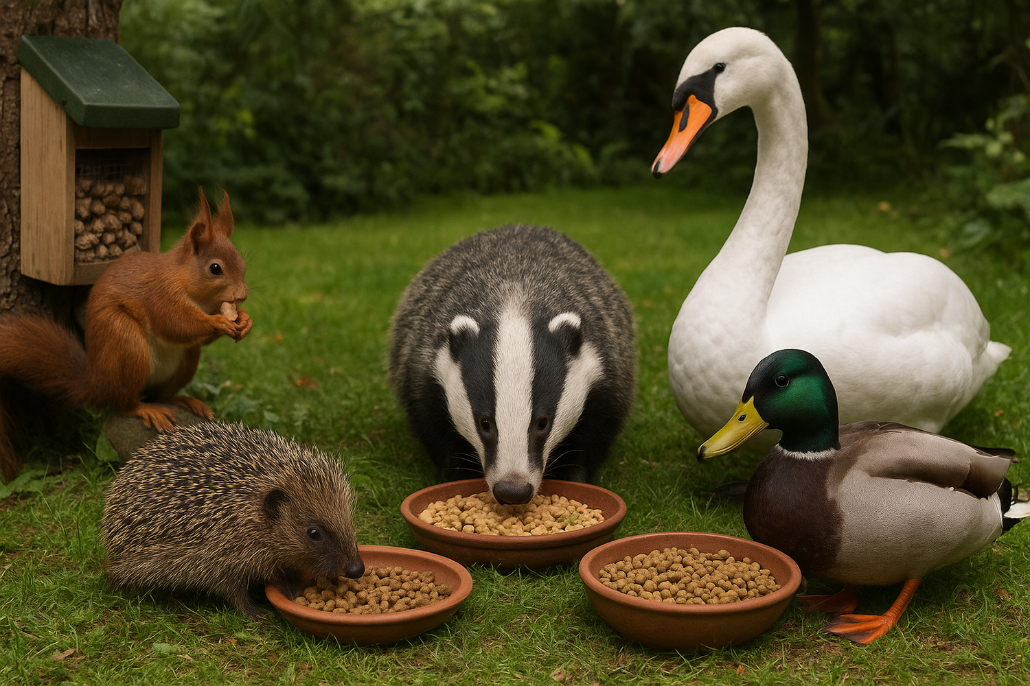 AI image. Animals including a swan, badger, hedgehog, and ducks gathered around food bowls on grass.