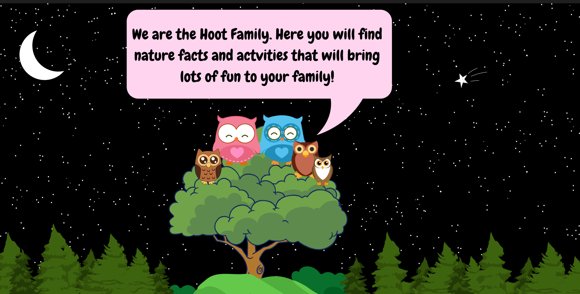 Family of owls, sat in a tree, in front of a night sky.
