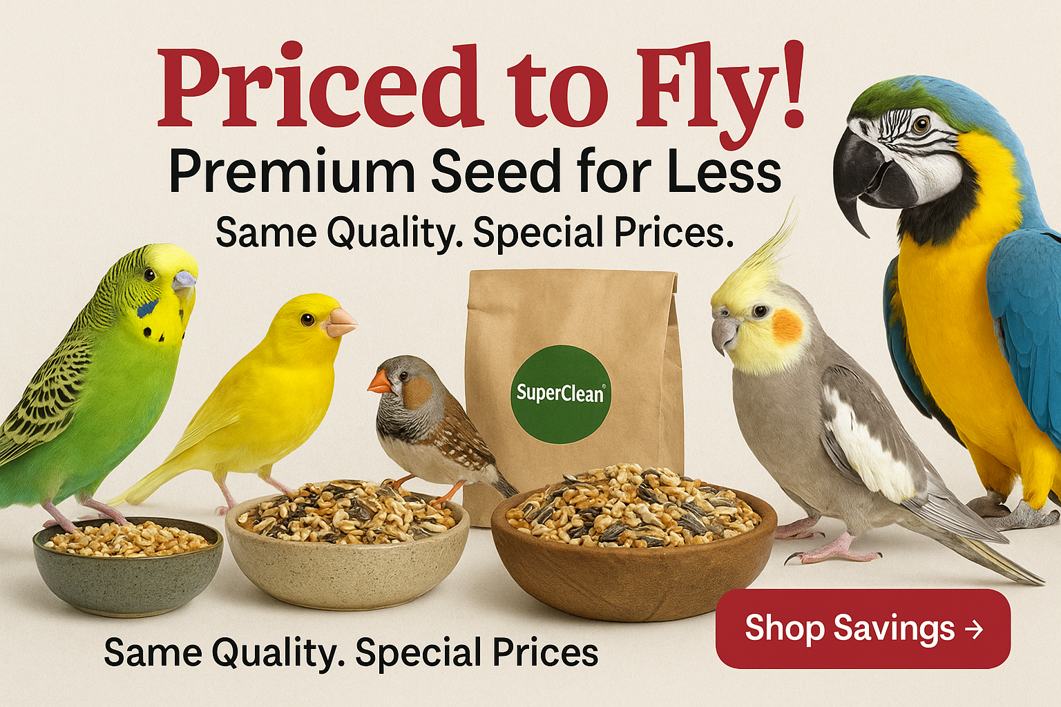 Advertisement for SuperClean premium bird seed with various birds around bowls of seed.