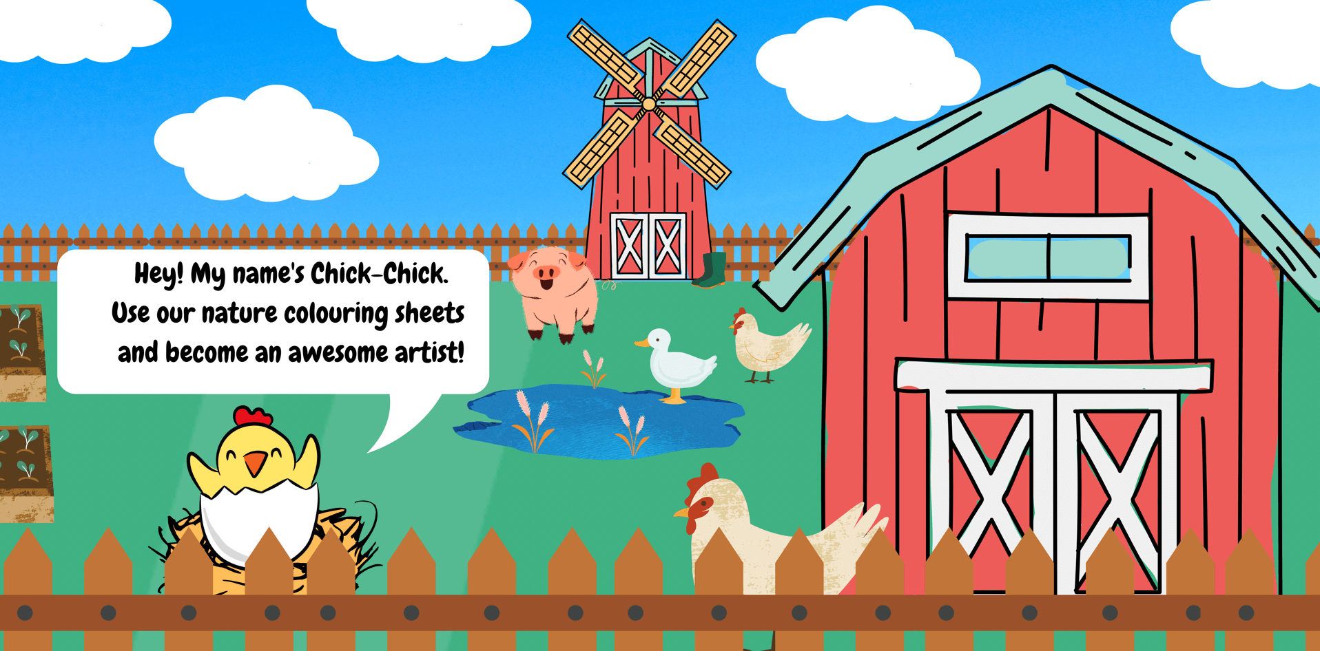 Fun farm graphic of Chick-Chick, Haith's Colouring Page mascot.