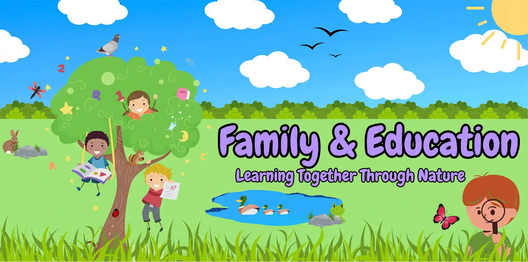 Colourful infographic of children in nature, exploring wildlife.