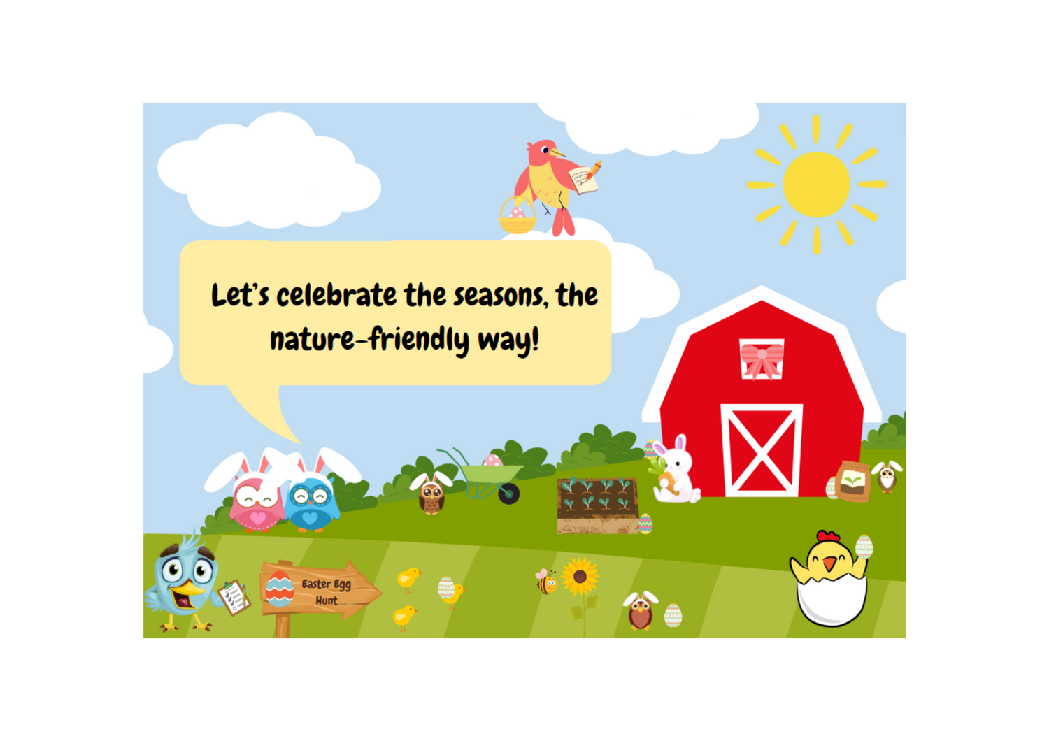 A colourful graphic of birds doing an Easter Egg Hunt.