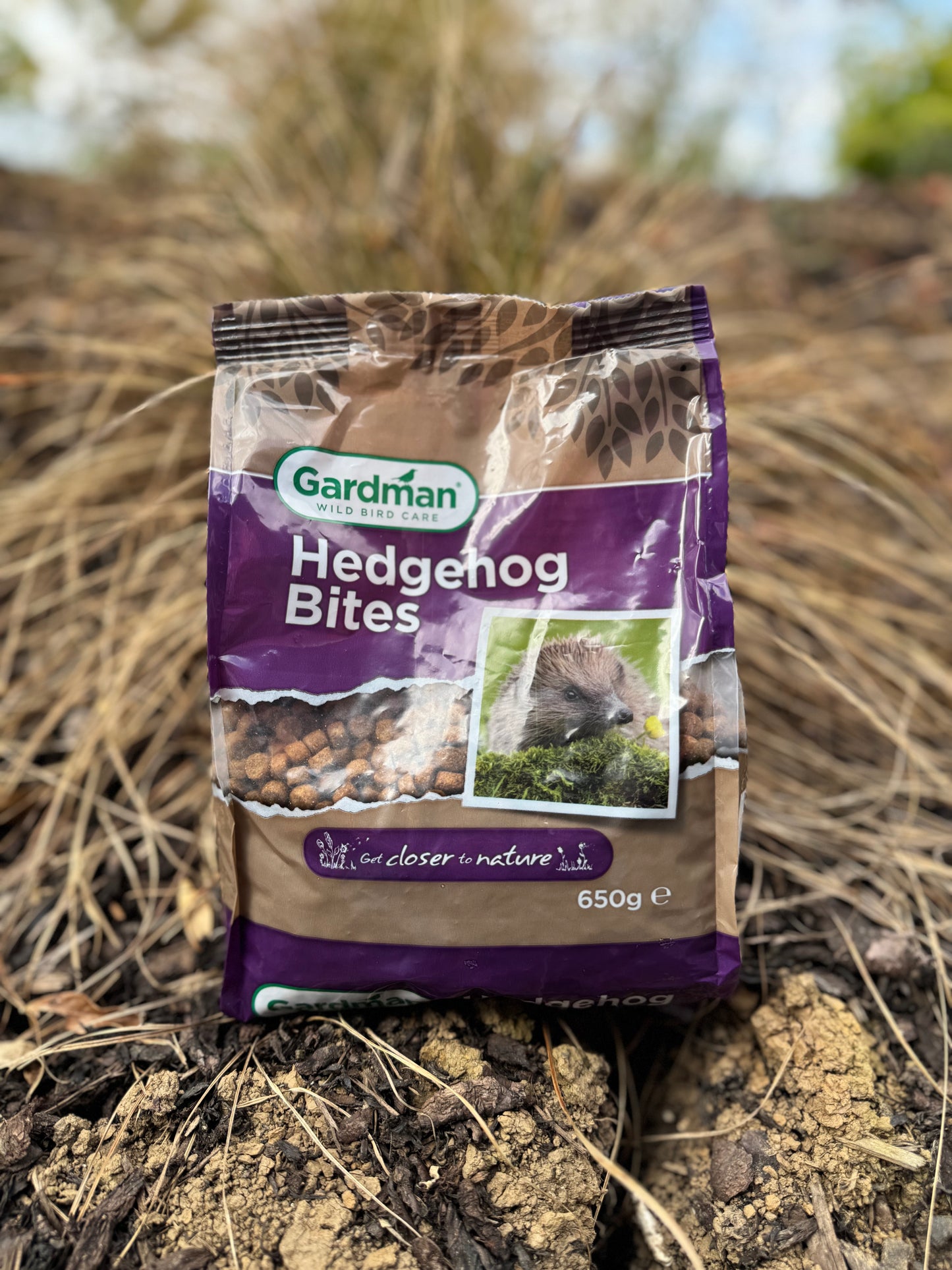 Bag of Gardman Hedgehog Bites on a natural background