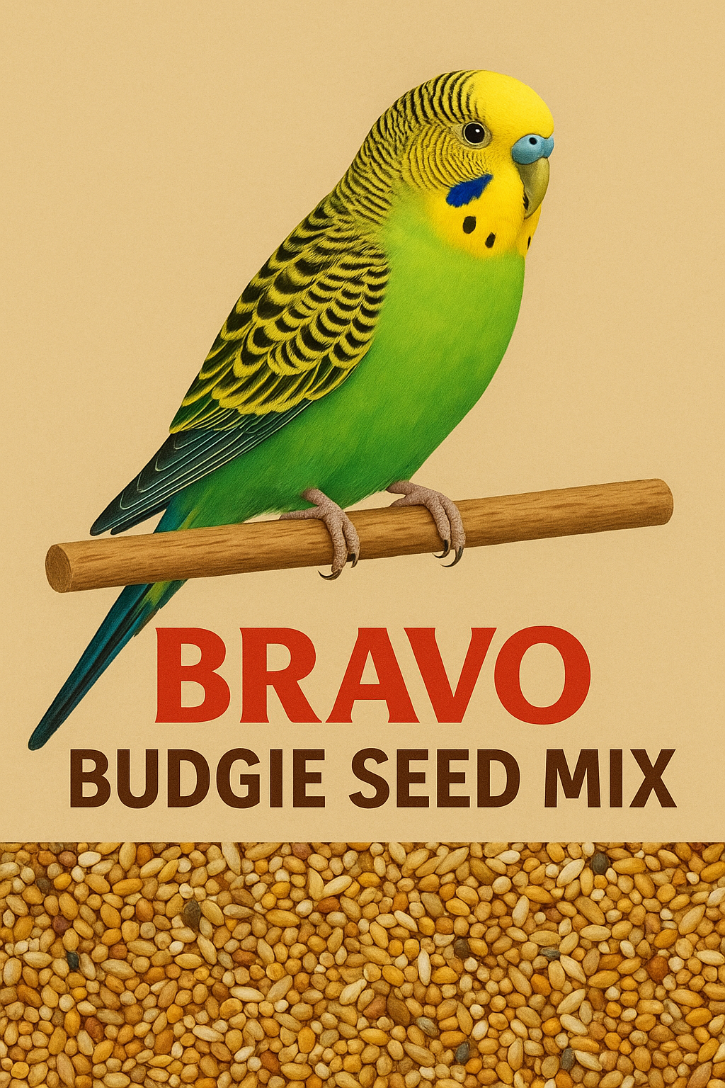 Bravo Budgie Seed Mix packaging with a budgie illustration on a beige background