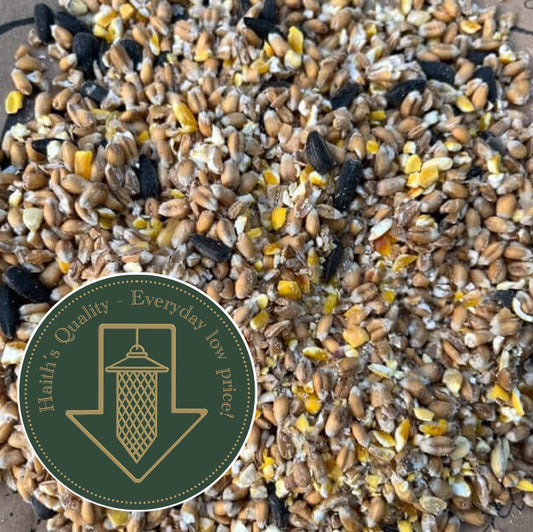 Cheap and cheerful wild bird seed showing numerous clean seeds and grains for wild birds with a high quality, everyday low prices icon and a bird feeder.