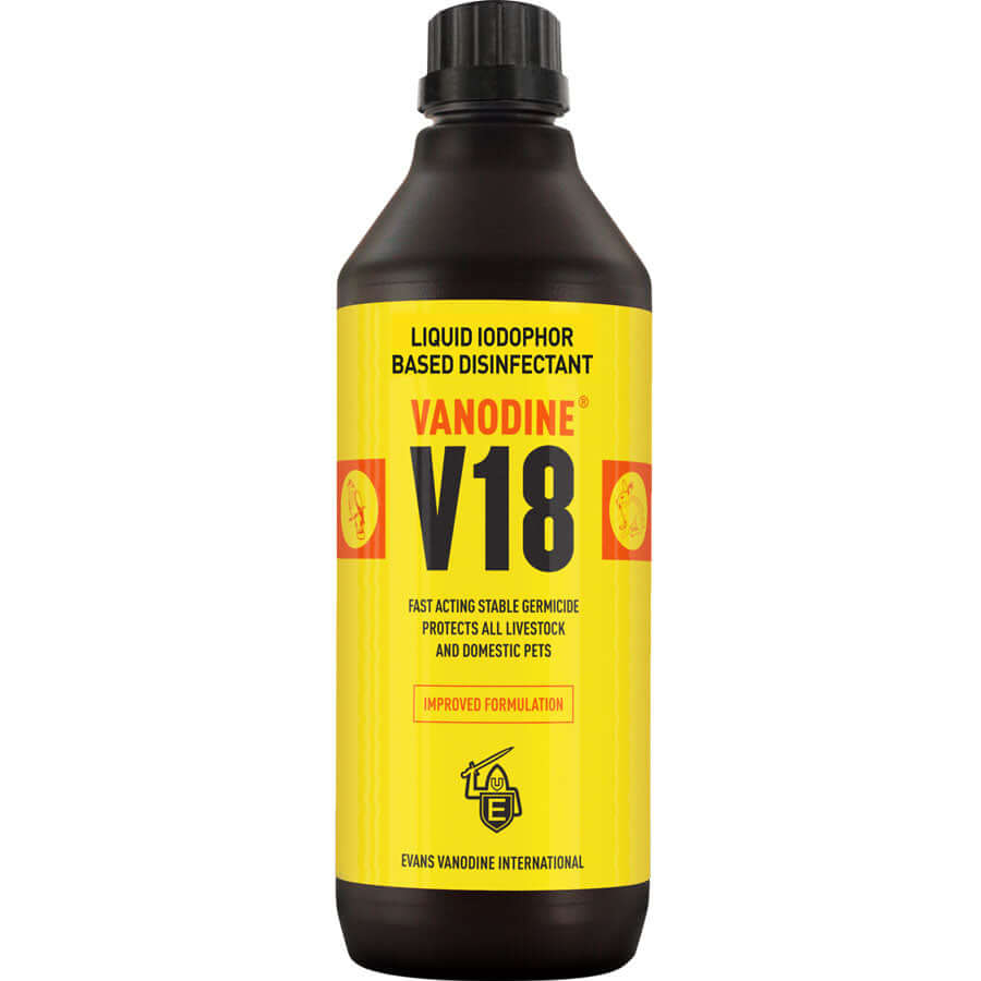 Brown bottle of Vanodine V18 Disinfectant with a bright yellow label across the front, for cage birds. 
