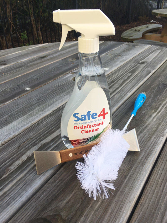 500mls trigger disinfectant spray, handy cleaning brush and bird table scraper with two bladed ends 