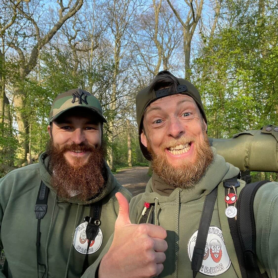 Image of the Bearded Birders on the edge of a wood