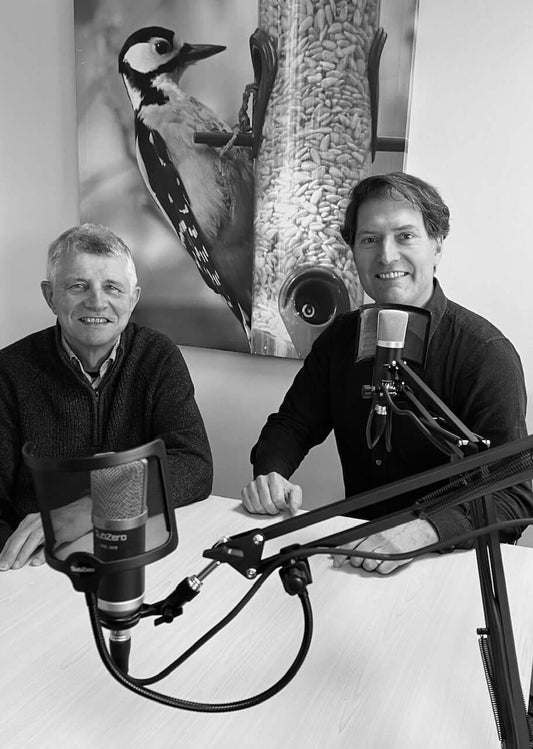 Champion budgie breeder Chris Snell and Simon King (Director, Haith's). 