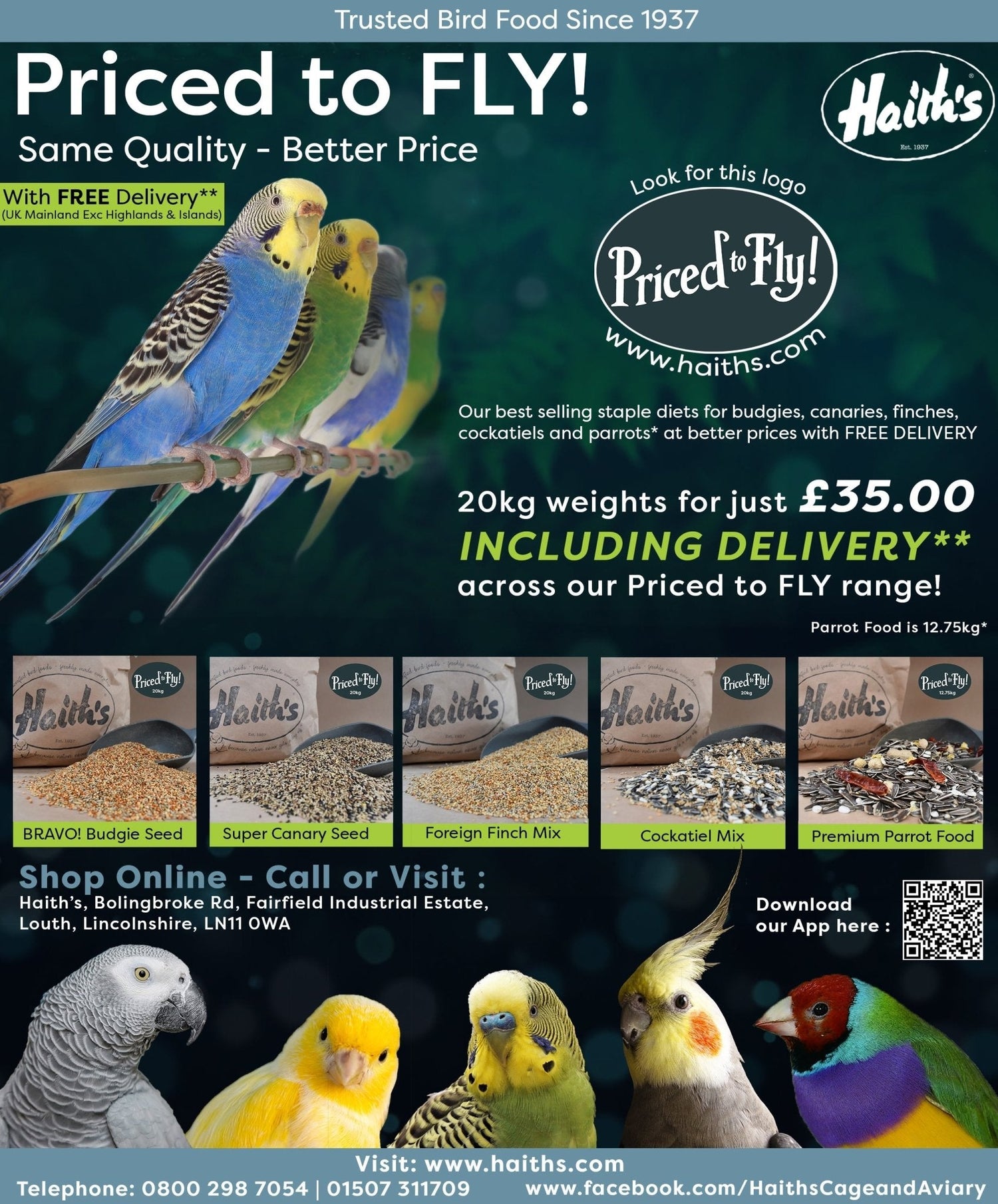 Priced to Fly! product poster with aviary birds and mixes.