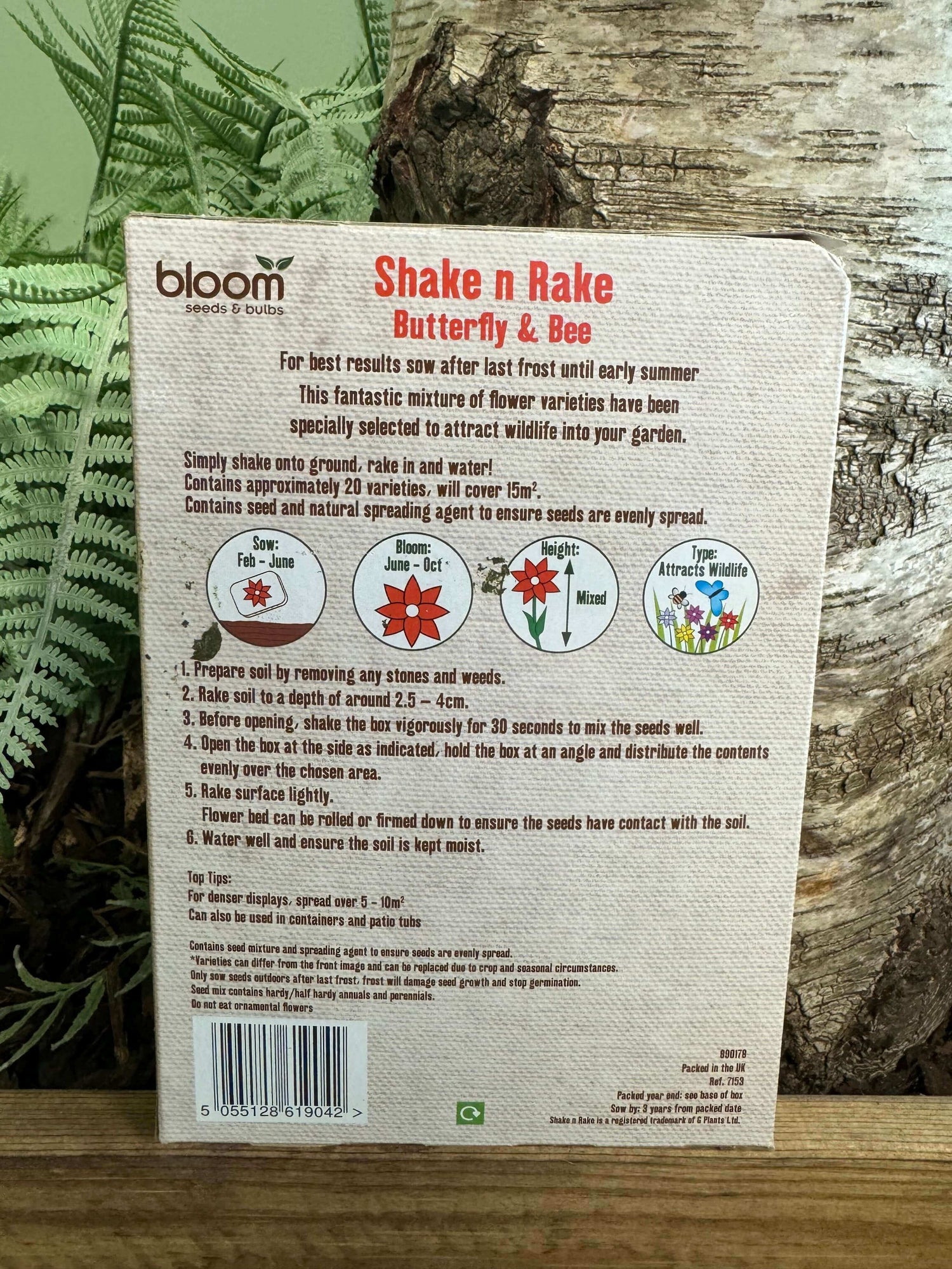 Back of packaging, showcasing planting instructions. 