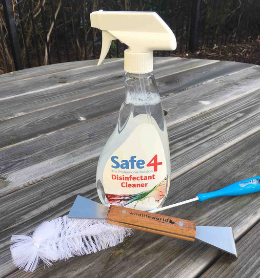 500 mls Disinfectant trigger spray, bird table scraper and cleaning brush  for keeping bird tables and bird feeders clean.