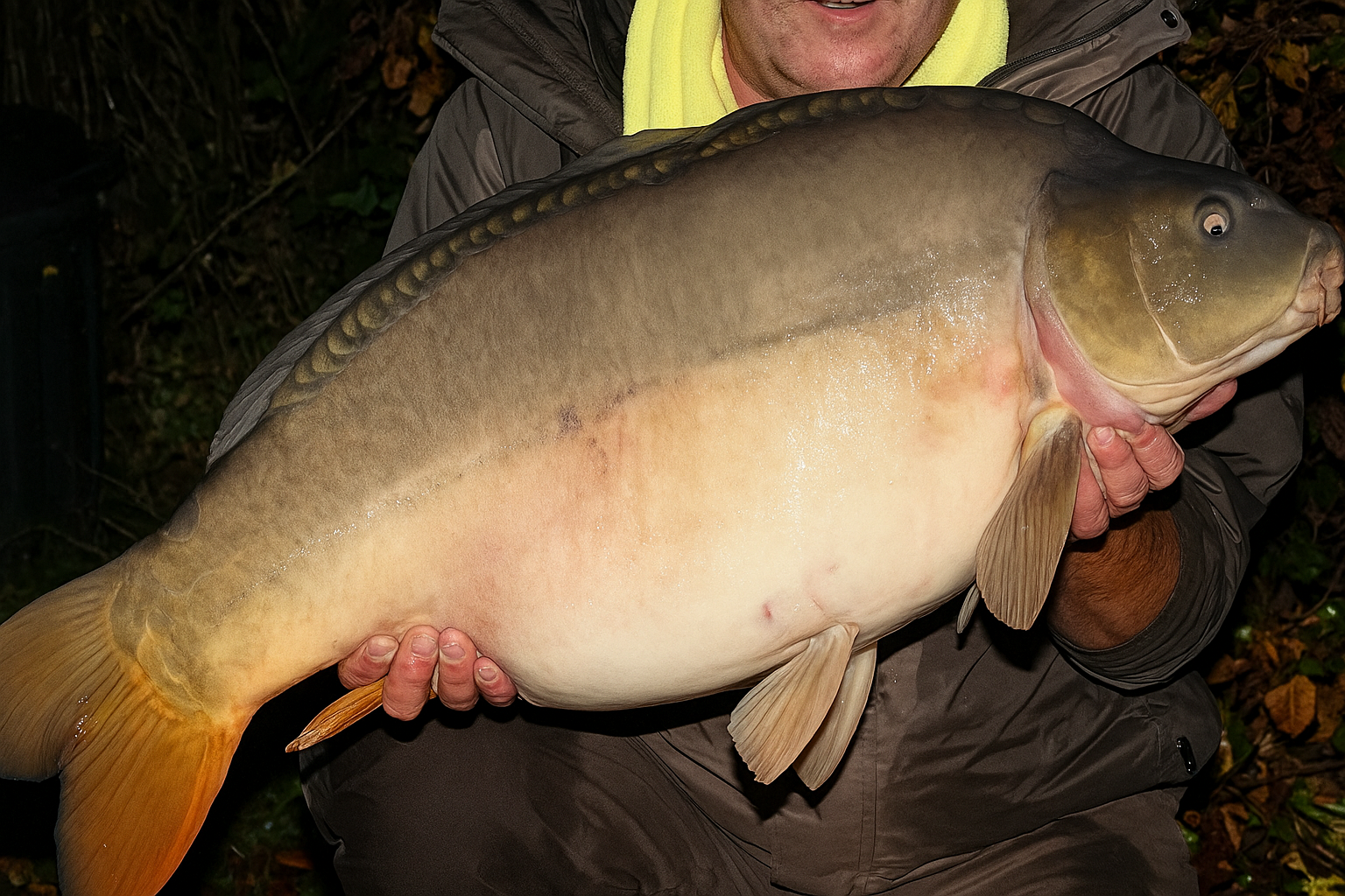 Person holding a large fish, likely a carp, in an outdoor setting at night.
