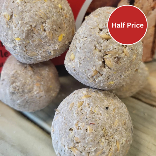 Four round suet balls stacked together on a wooden surface, with a red circular badge reading 'Half Price' in the top right.