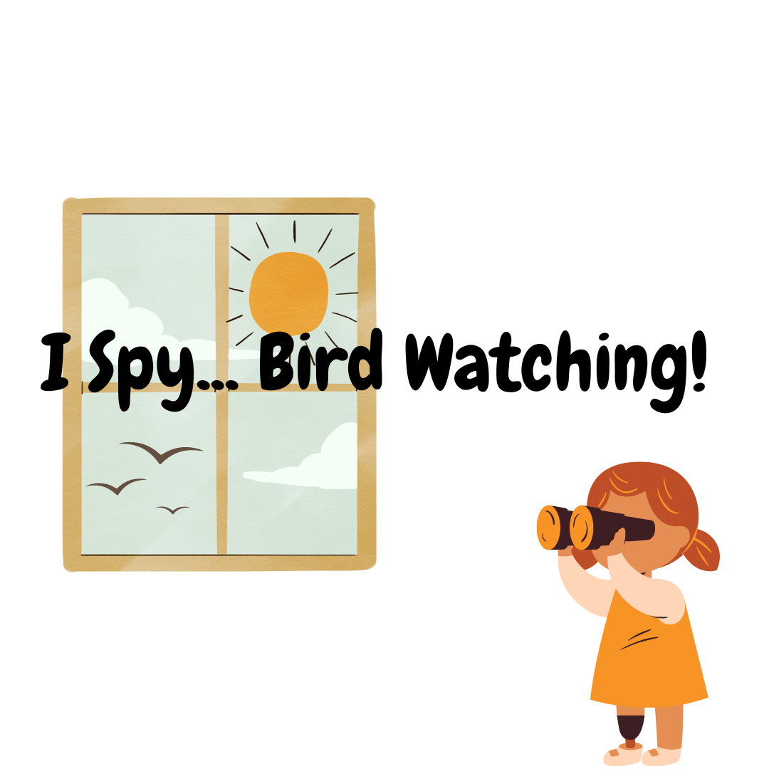 Girl with binoculars looking out the window at birds graphic.