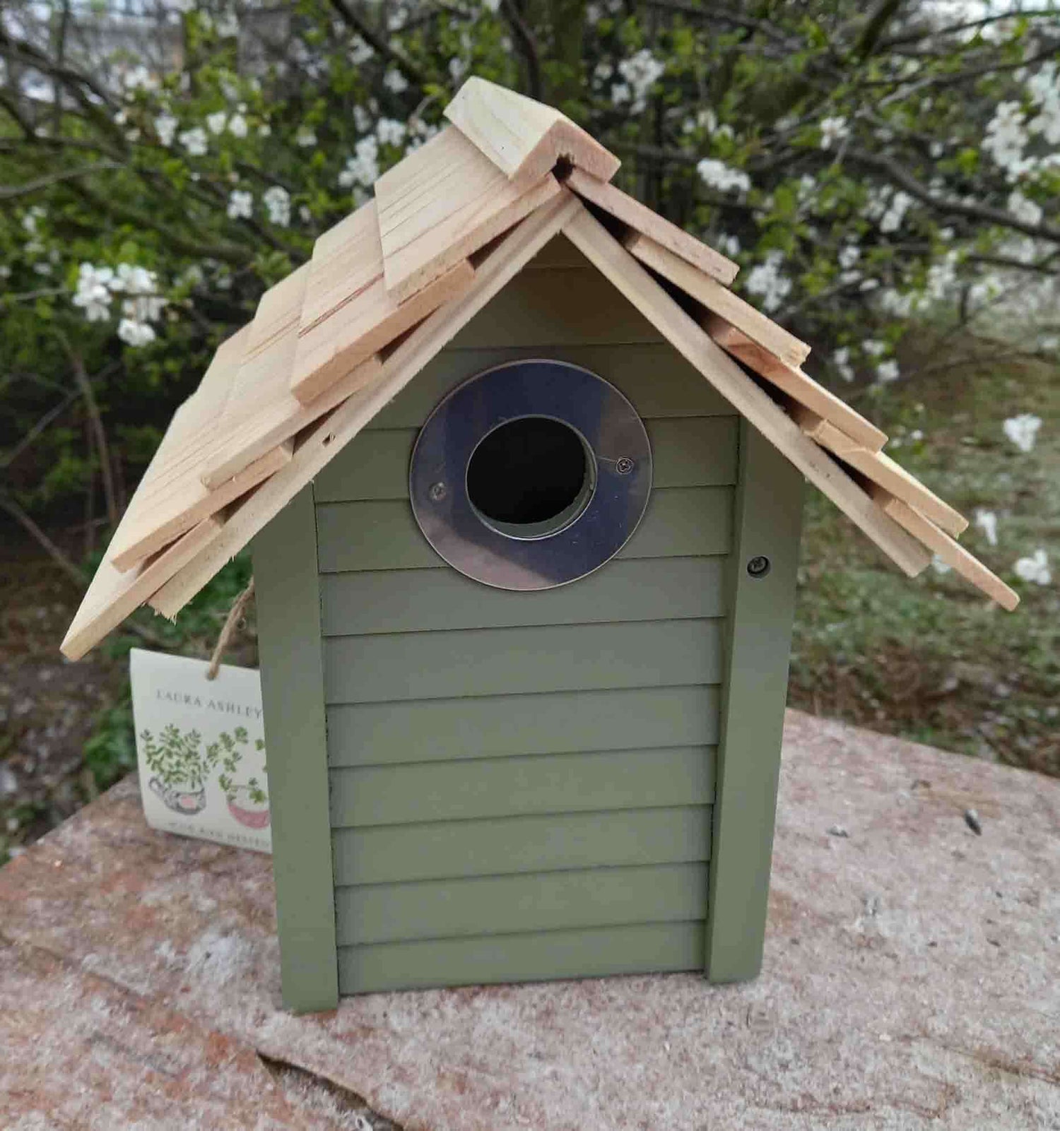 Gorgeous nest box with green body, silver entrance hole and wooden roof. 