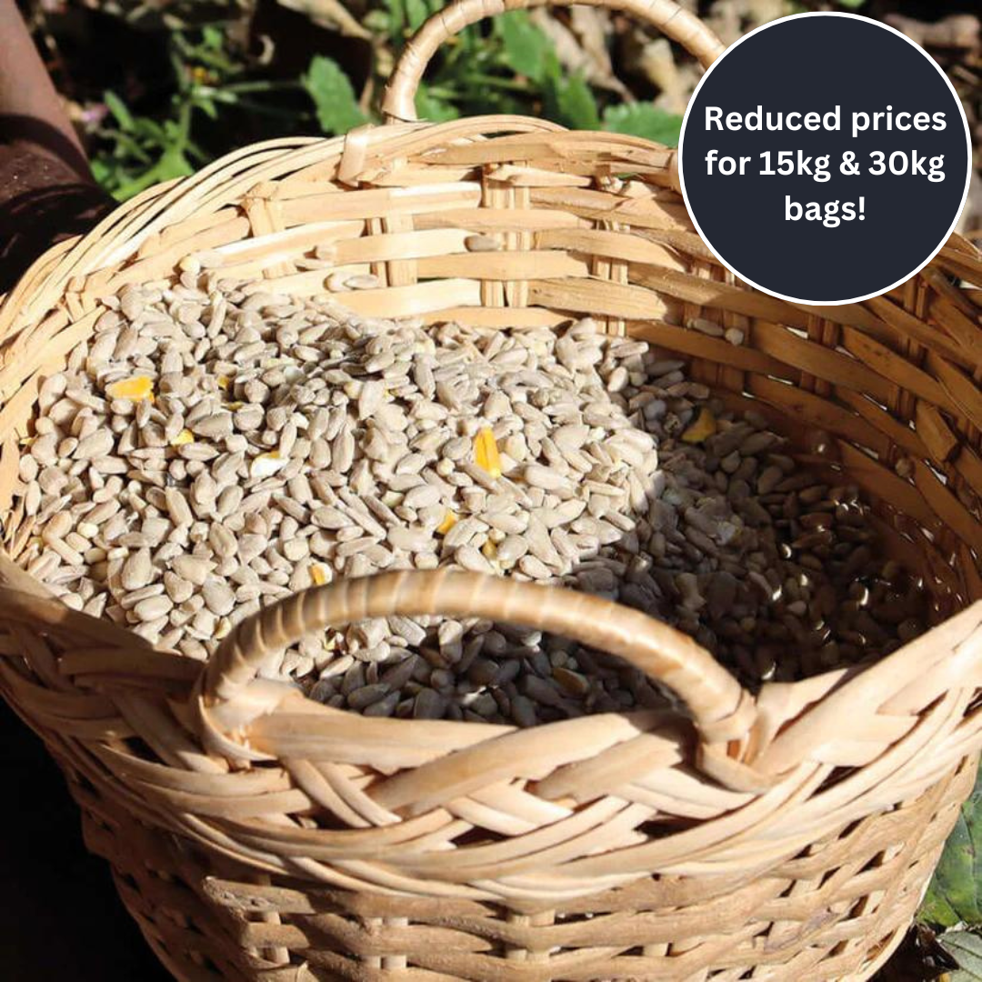 No mess bird food with sunflower hearts, peanut granules and cut maize and it's 100% edible. 