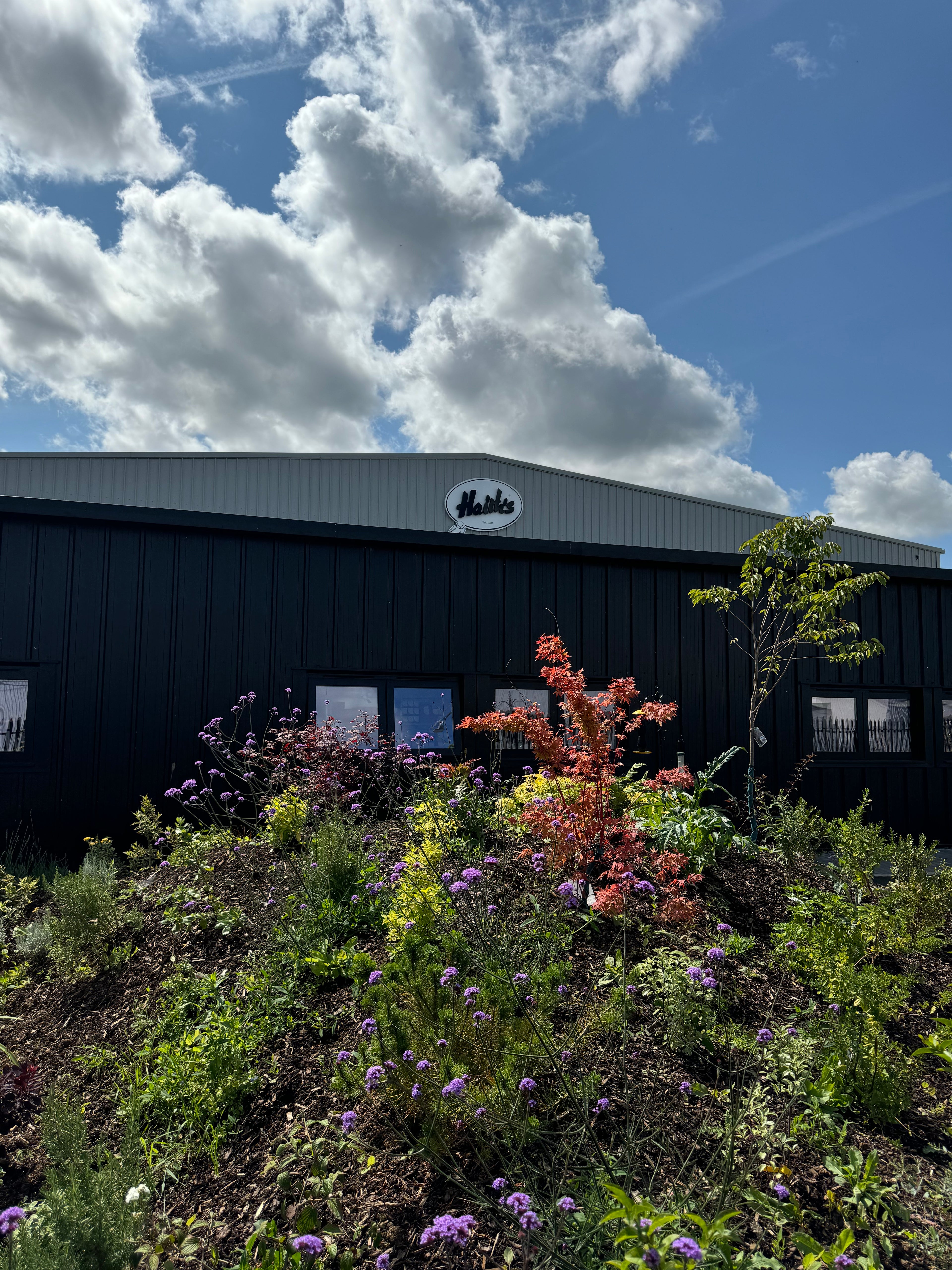 Haith's The Bird Food Centre image showing the new naturespace wildlife garden with pond at the front of the building and the Haith's logo on the building where Haith's is handing back commercial space to Nature in Louth, Lincolnshire, UK. 