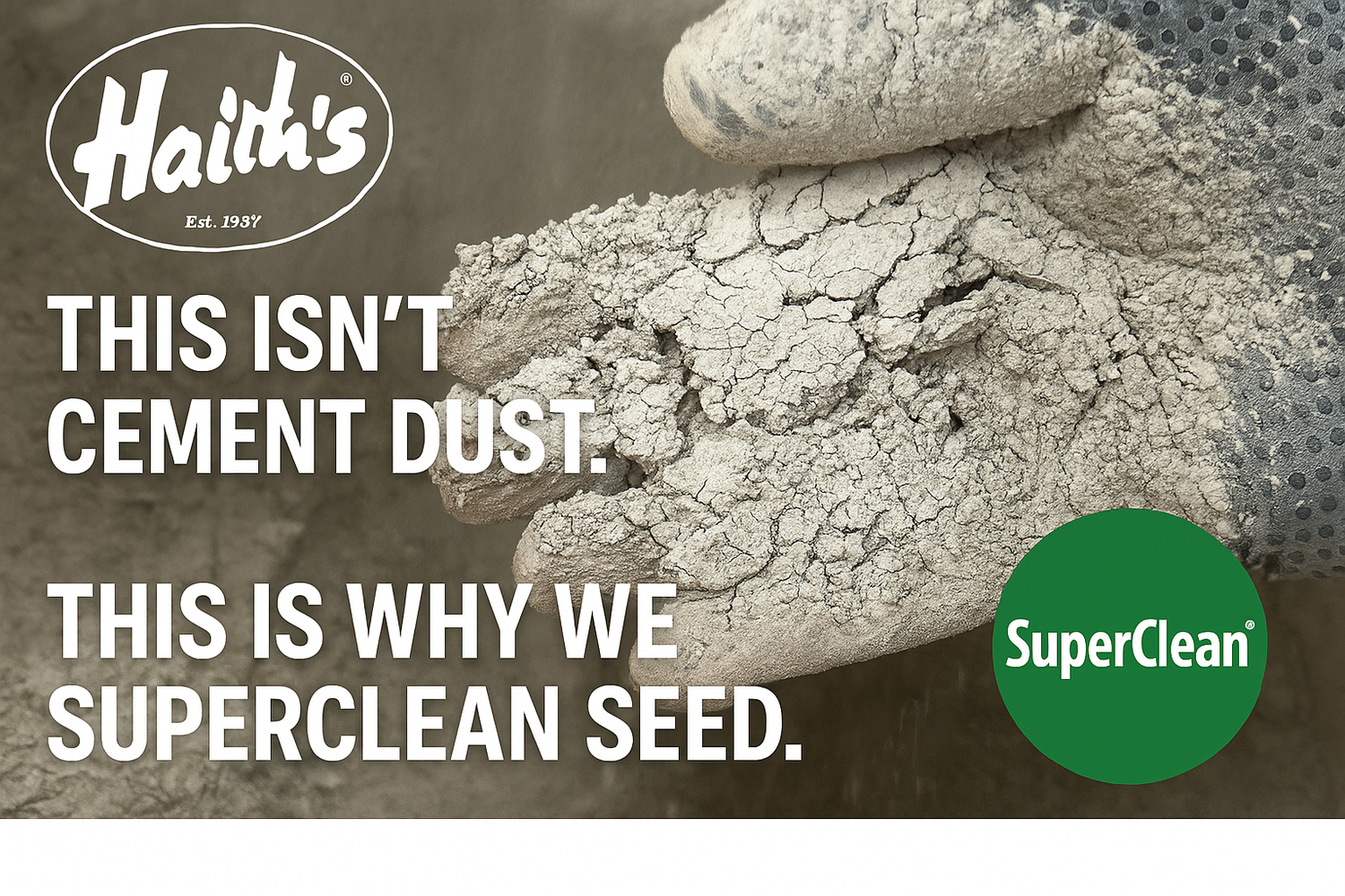 A glove covered with grain dust to show how much dust Haith's remove during their SuperClean bird seed cleaning process.