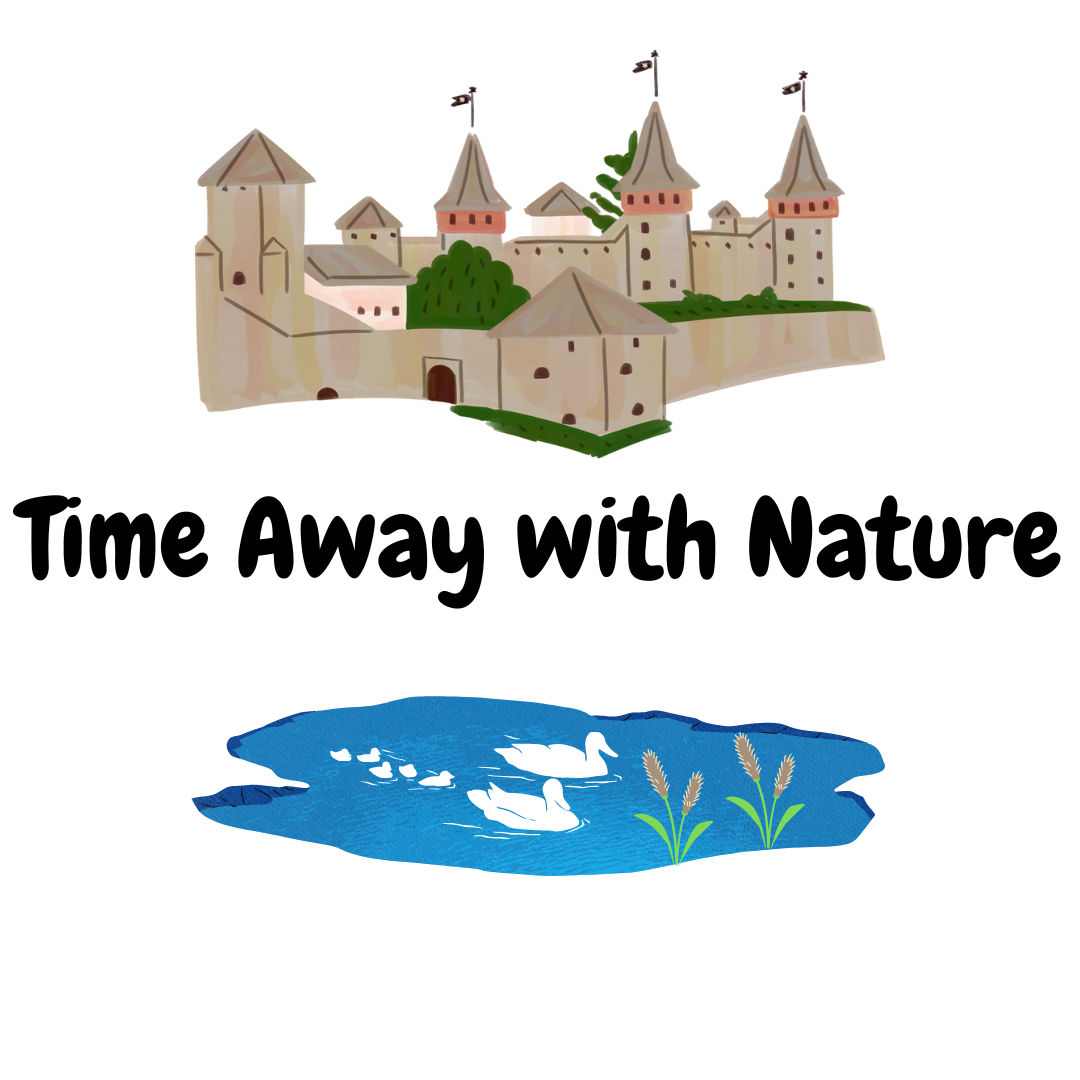Pond with swans and a castle graphic.