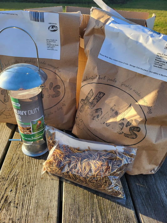 brown bag of wild bird food, brown bag of suet pellet combo, pack of dried mealworms and a stainless steel seed feeder on a wooden bench