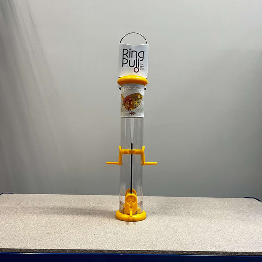 Four port yellow niger seed feeder with easy twist off base for easy cleaning and comes fully apart with no tools needed.