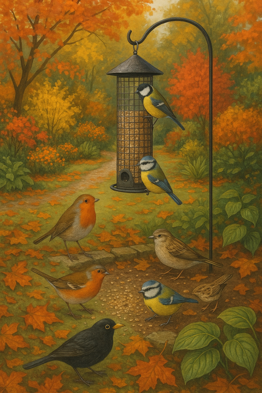 AI image of an autumn bird garden