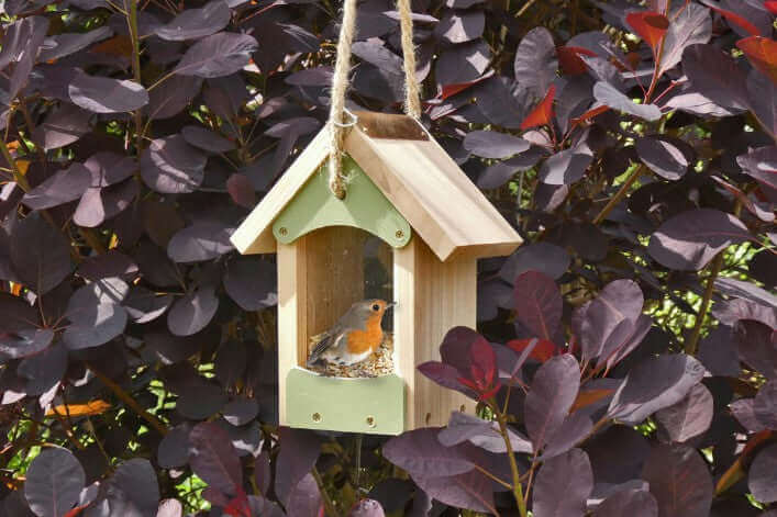 Wooden bird seed feeder with pitched roof and strong hanging rope