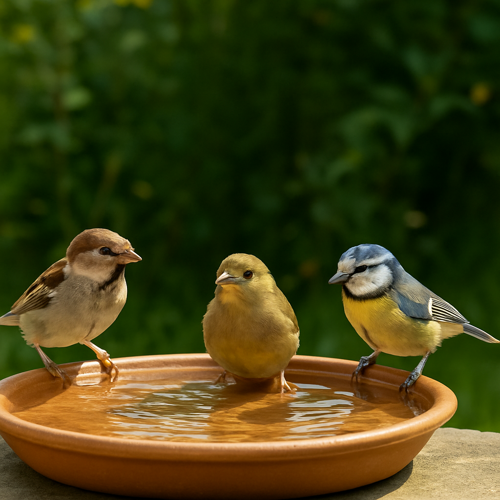 three garden birds drinking from a dish