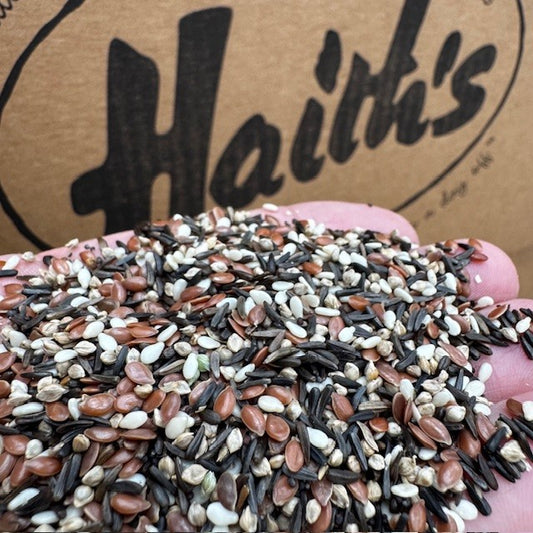 hand holding a multi coloured seed mix