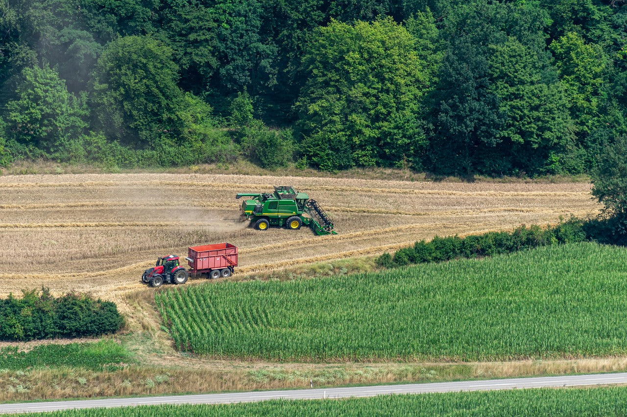 harvest time with combine harvester and tractor
