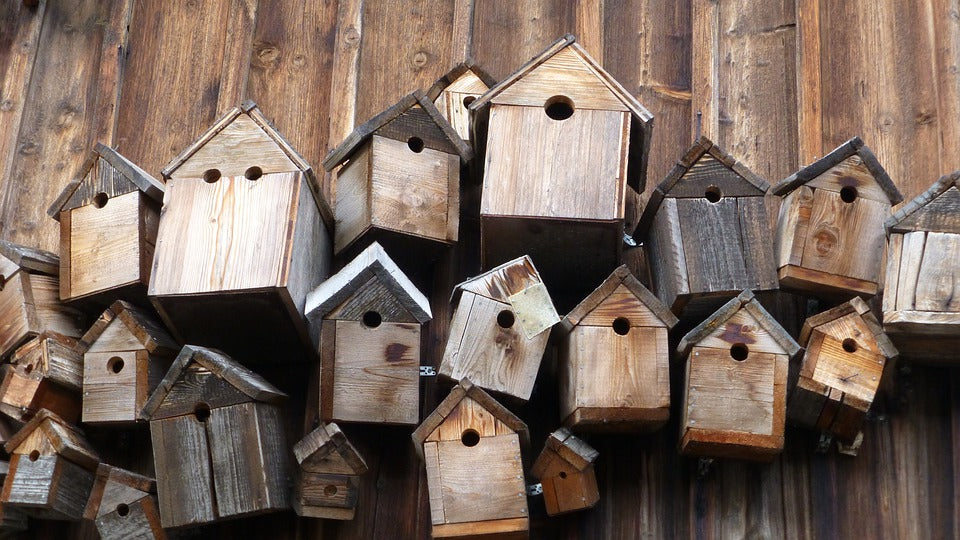 Row of all different wooden nest boxes