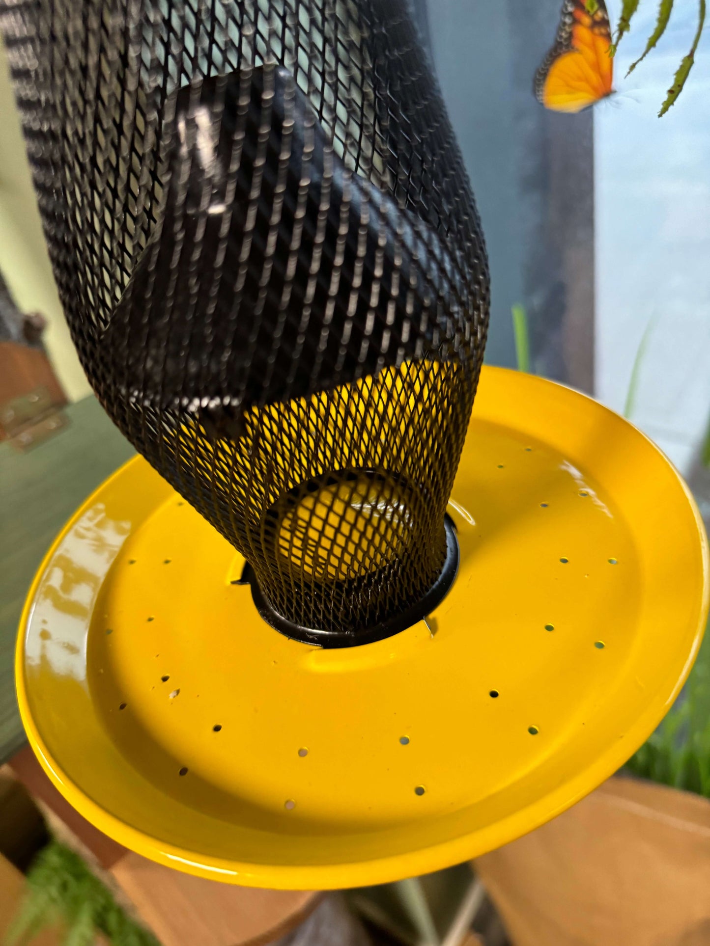 Yellow niger seed feeder with yellow tray fixed to bottom of feeder with drainage holes.