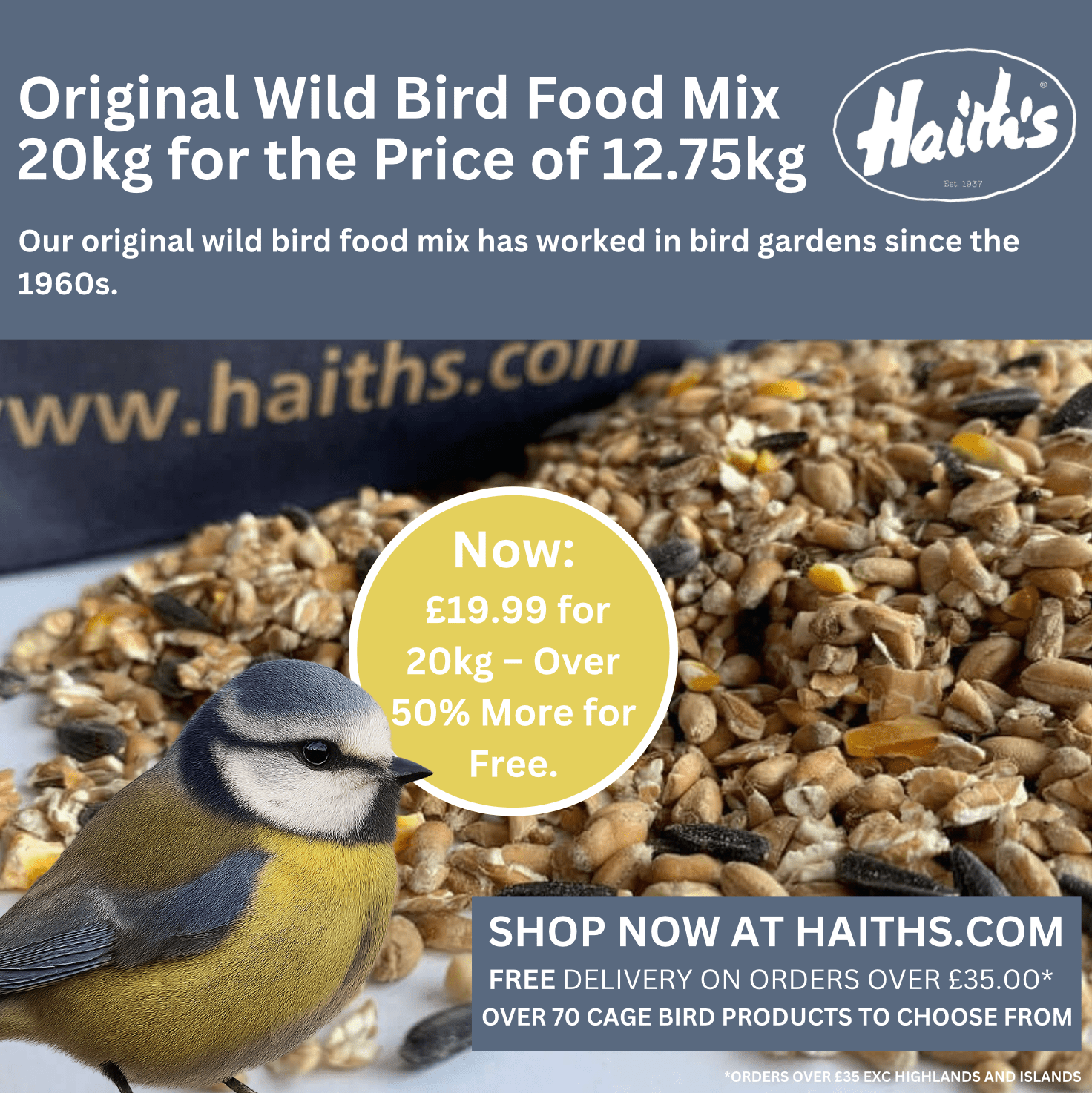Original Wild Bird Food Mix – 20kg for the Price of 12.75kg | Select 20kg Option. - Haith's UK