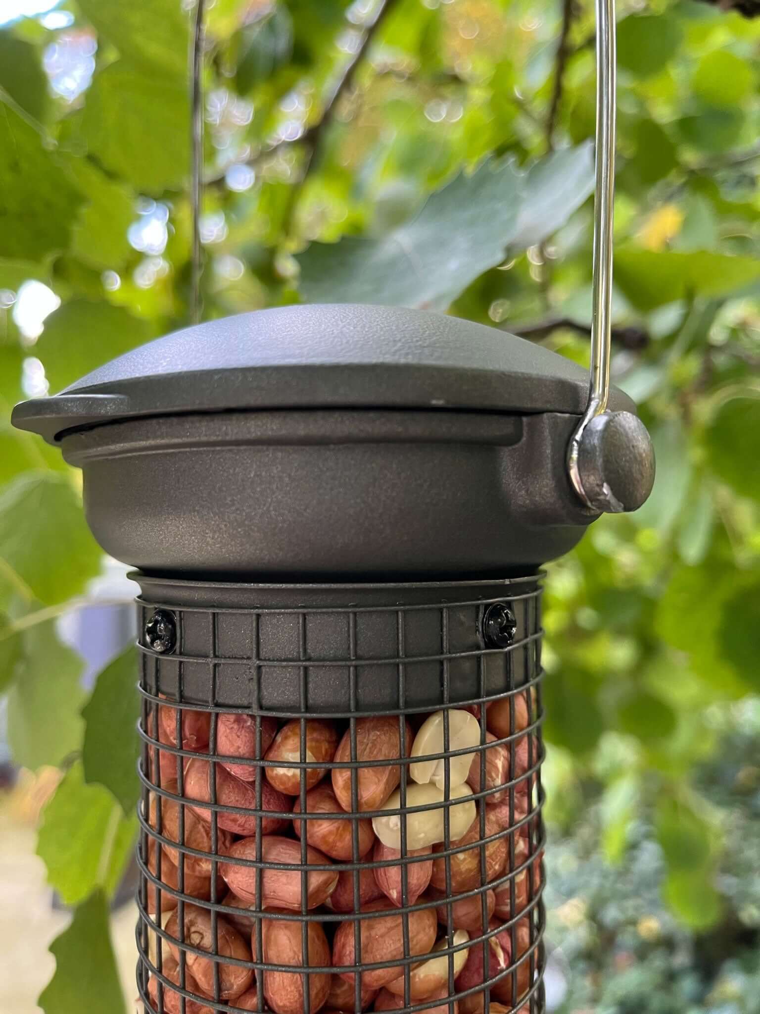 Pewter Flick 'n' Click Metal Peanut Bird Feeder with FREE Cleaning Brush - Haith's