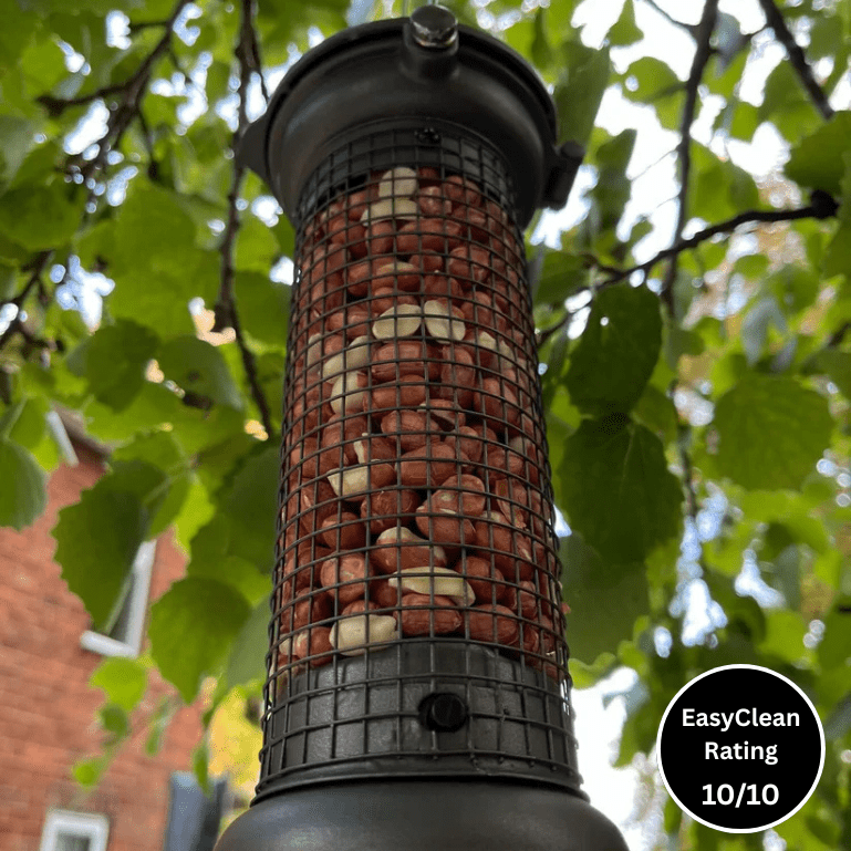 Pewter Flick 'n' Click Metal Peanut Bird Feeder with FREE Cleaning Brush - Haith's UK