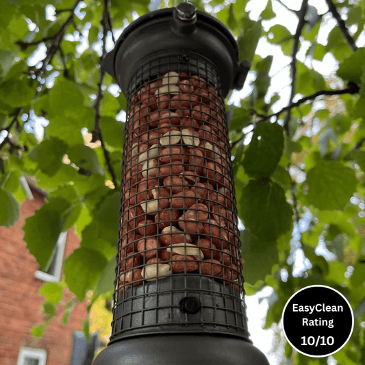 Pewter Flick 'n' Click Metal Peanut Bird Feeder with FREE Cleaning Brush - Haith's UK