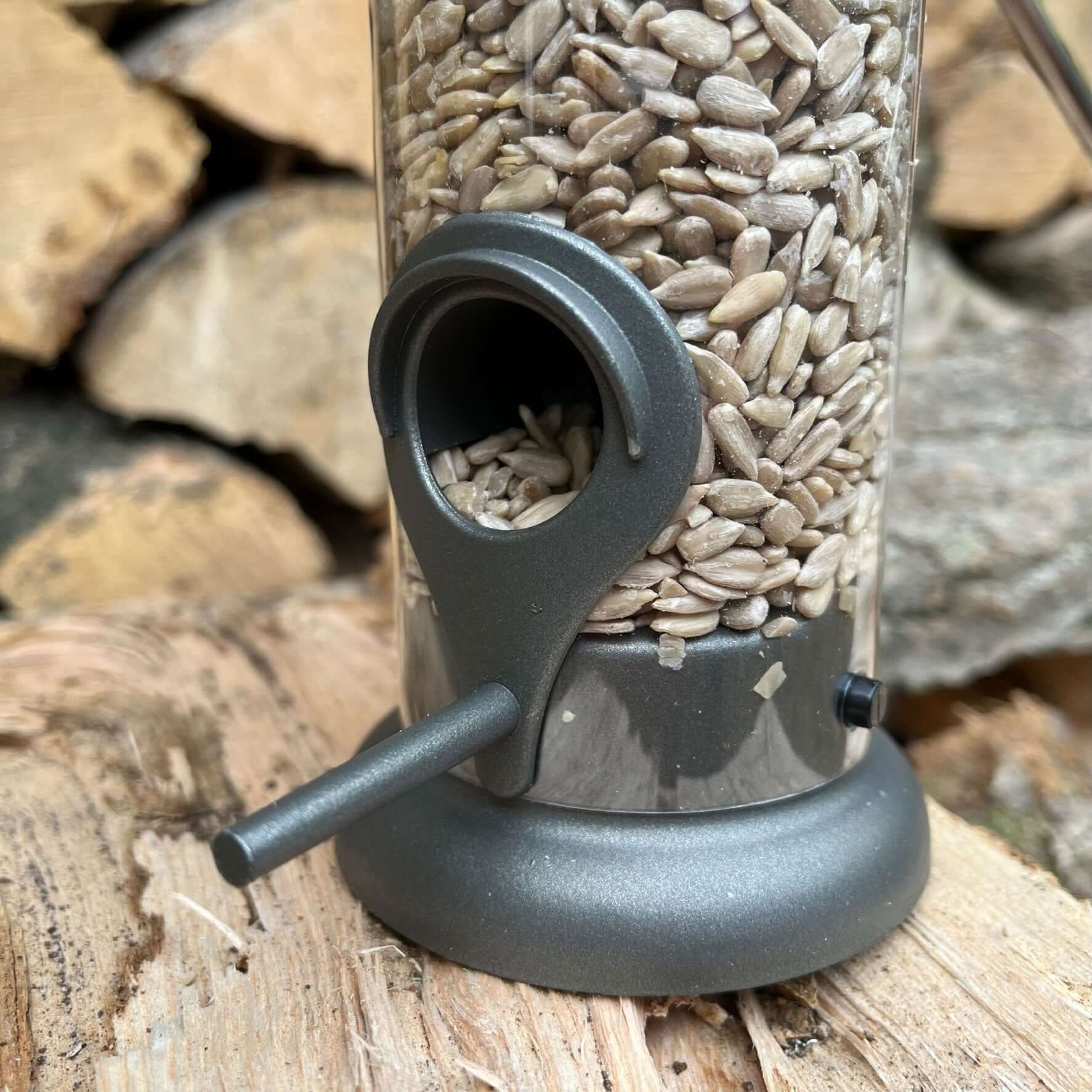 Pewter Flick 'n' Click Metal Seed Bird Feeder With FREE Cleaning Brush - Haith's