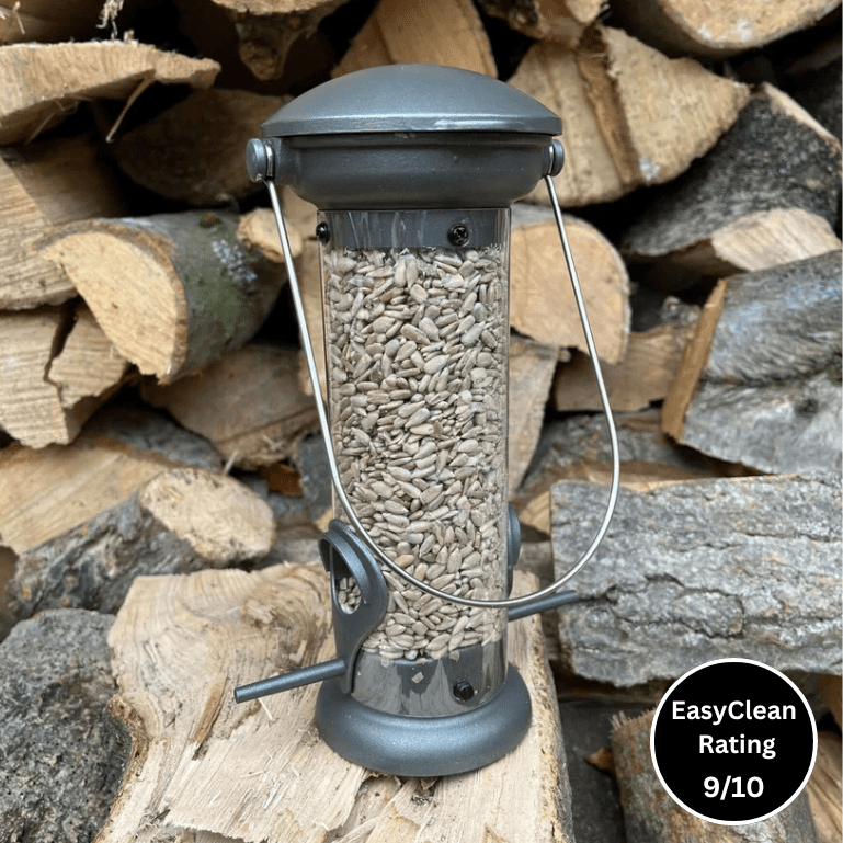 Pewter Flick 'n' Click Metal Seed Bird Feeder With FREE Cleaning Brush - Haith's UK