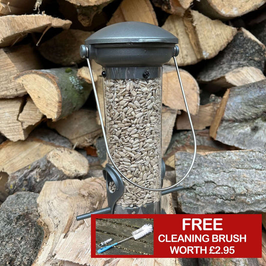 Pewter Flick 'n' Click Metal Seed Bird Feeder With FREE Cleaning Brush - Haith's