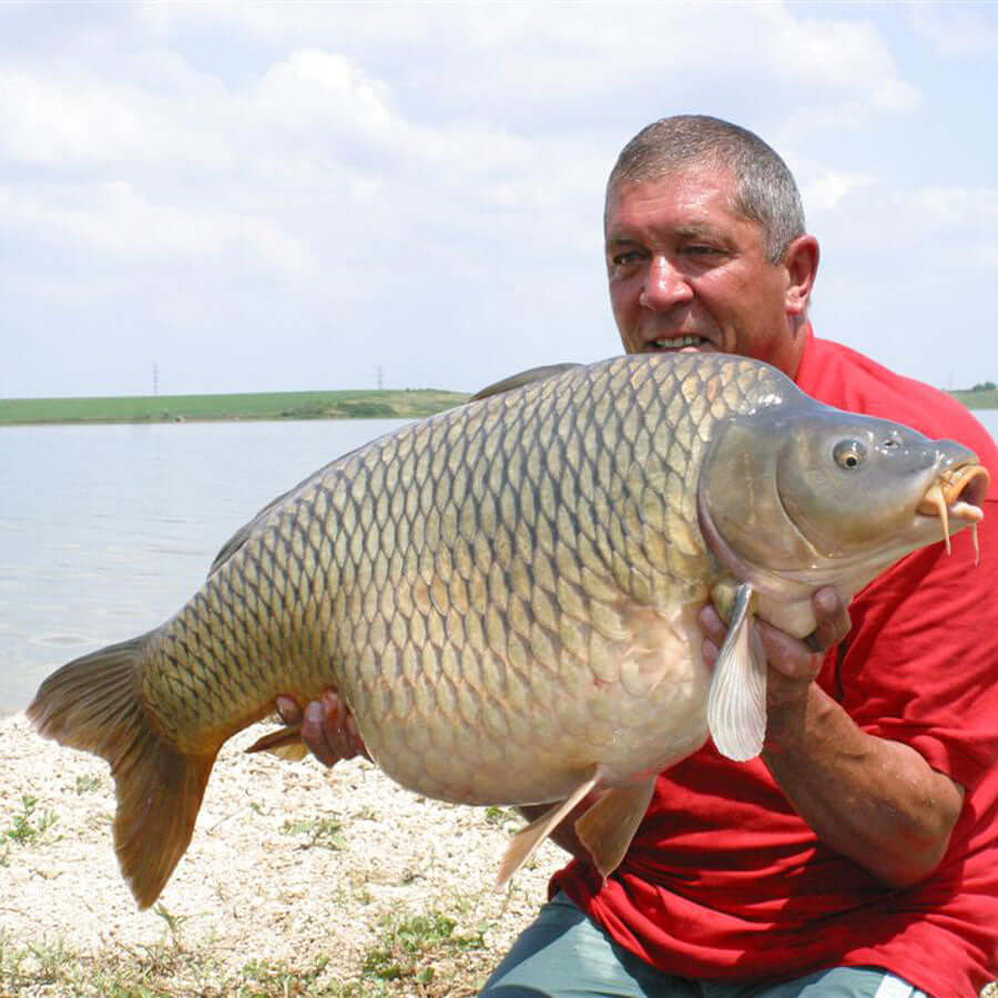 Ken Townley sat on the lakeside holding a large carp