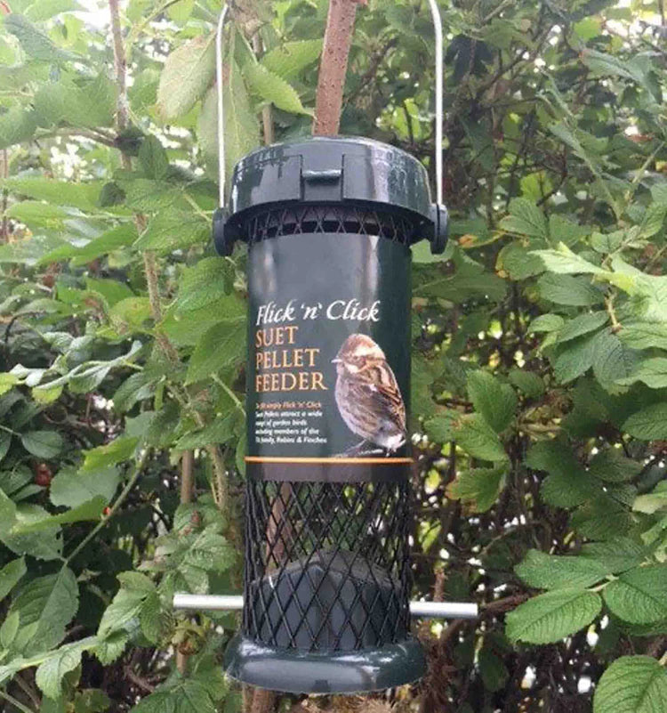 Flick n Click suet pellet feeder hung up on a branch 