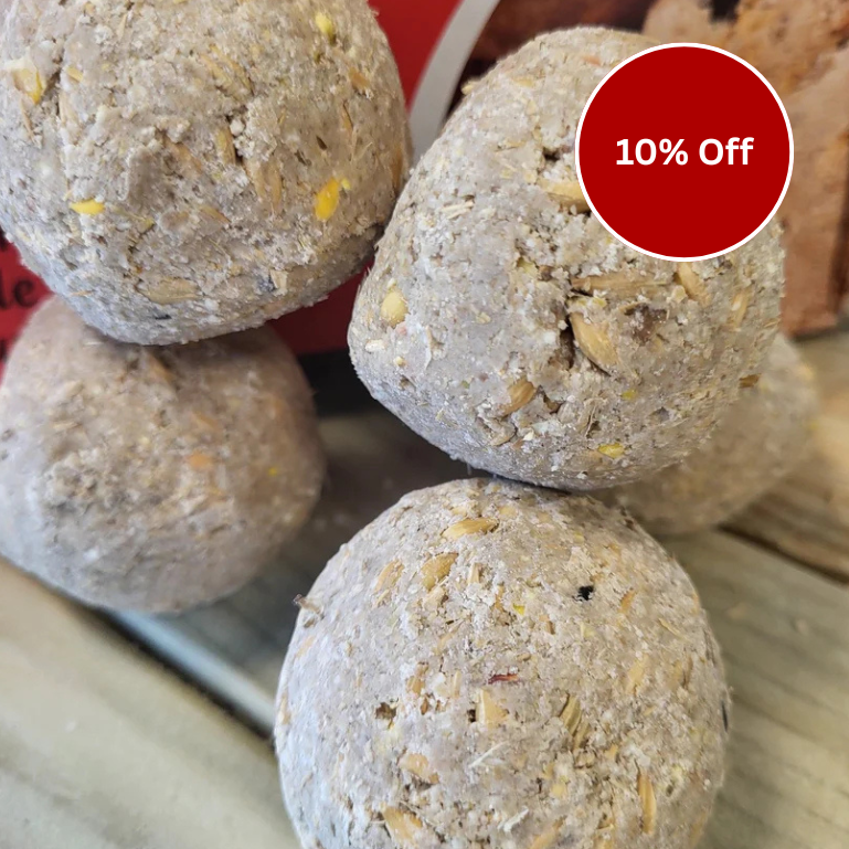 Close-up of textured round objects with a red '10% Off' label.