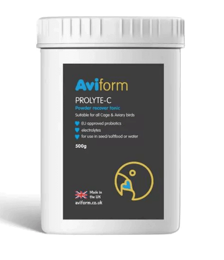 Aviform's Prolyte-C is a powdered recovery tonic designed for aviary birds, easily administered in food or water.