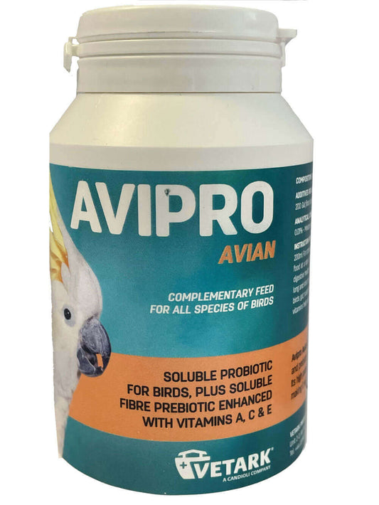 Avipro, designed for aviary birds, is a soluble probiotic feed. Simply add one scoop into every 200ml of drinking water.