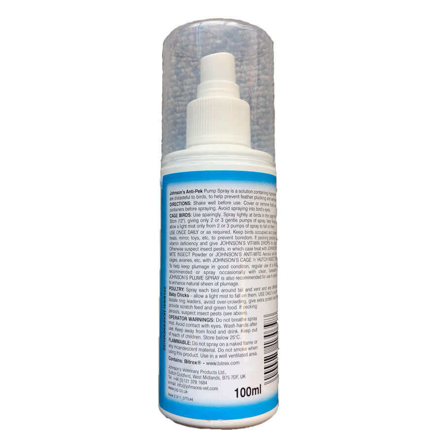 Johnson's Anti-Pek Pump Spray is a solution containing ingredients that are distasteful to birds, to help prevent feather plucking and self-harm.