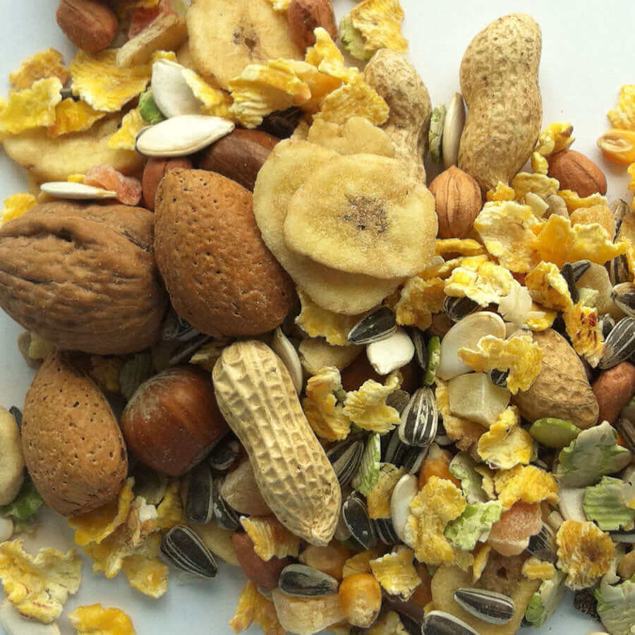 Sun Lo Parrot Mix features a variety of ingredients such as mixed large nuts, banana chips, dried apple, papaya, monkey nuts, French maize, and many more. It is exceptionally low in sunflowers, comprising only 15% of the mix.