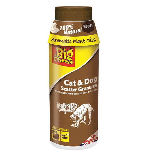 A brown and yellow bottle of 100% natural, Cat and Dog Repellent Scatter Granules.